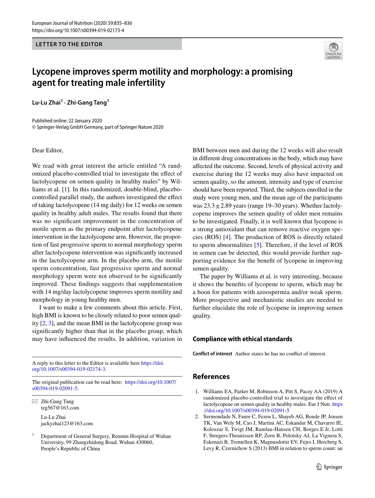 Lycopene improves sperm motility and morphology: a promising agent for treating male infertility by Lu-Lu Zhai & Zhi-Gang Tang