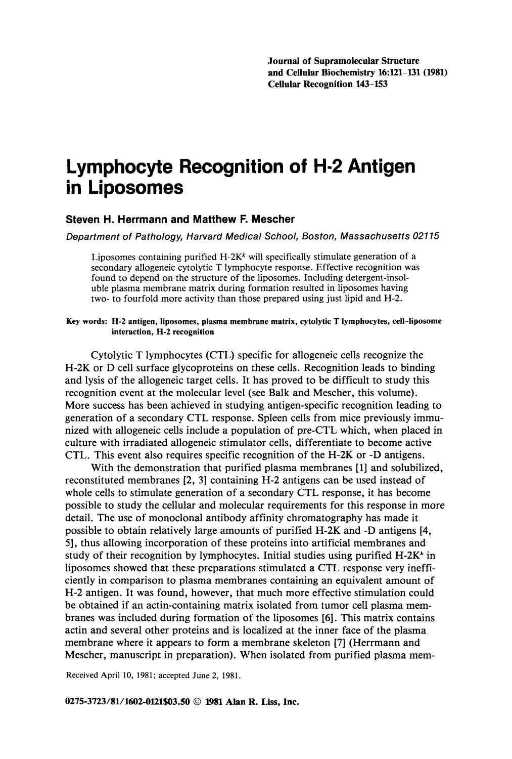 Lymphocyte recognition of H-2 antigen in liposomes by Unknown