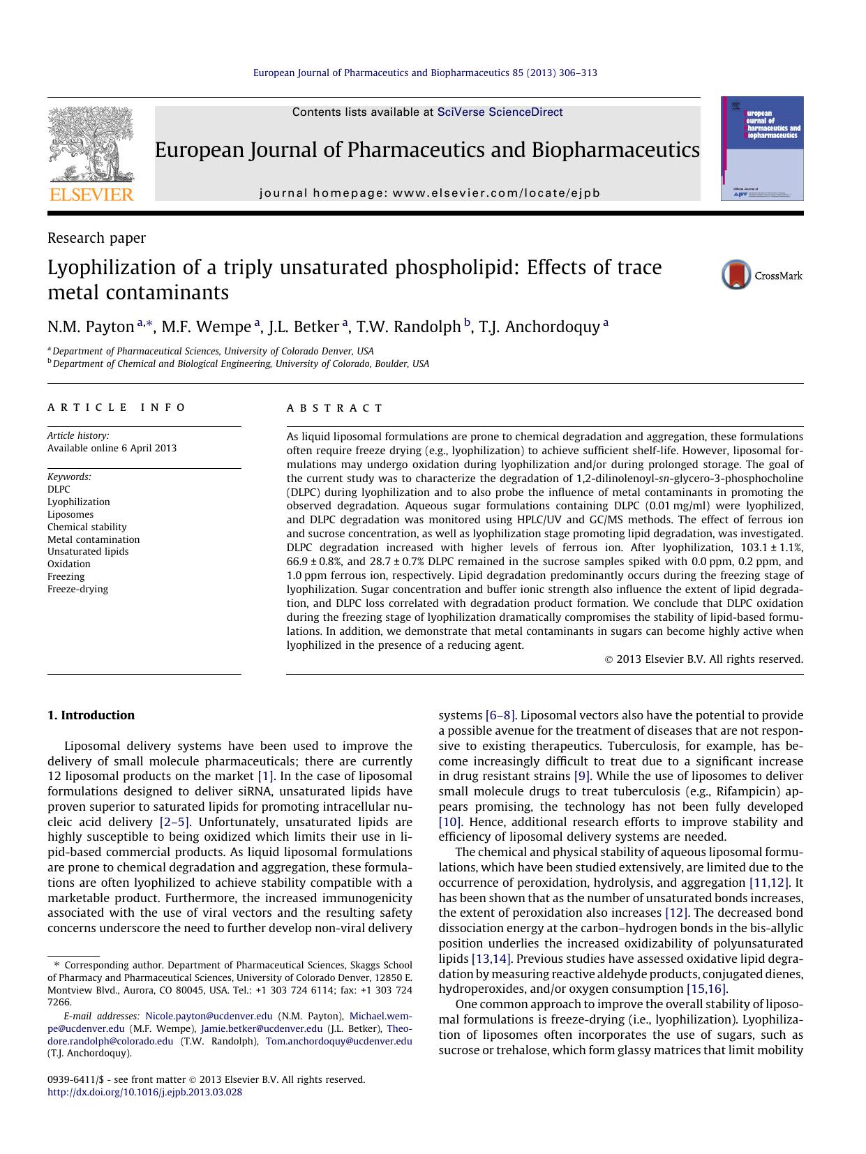 Lyophilization of a triply unsaturated phospholipid: Effects of trace metal contaminants by N.M. Payton & M.F. Wempe & J.L. Betker & T.W. Randolph & T.J. Anchordoquy