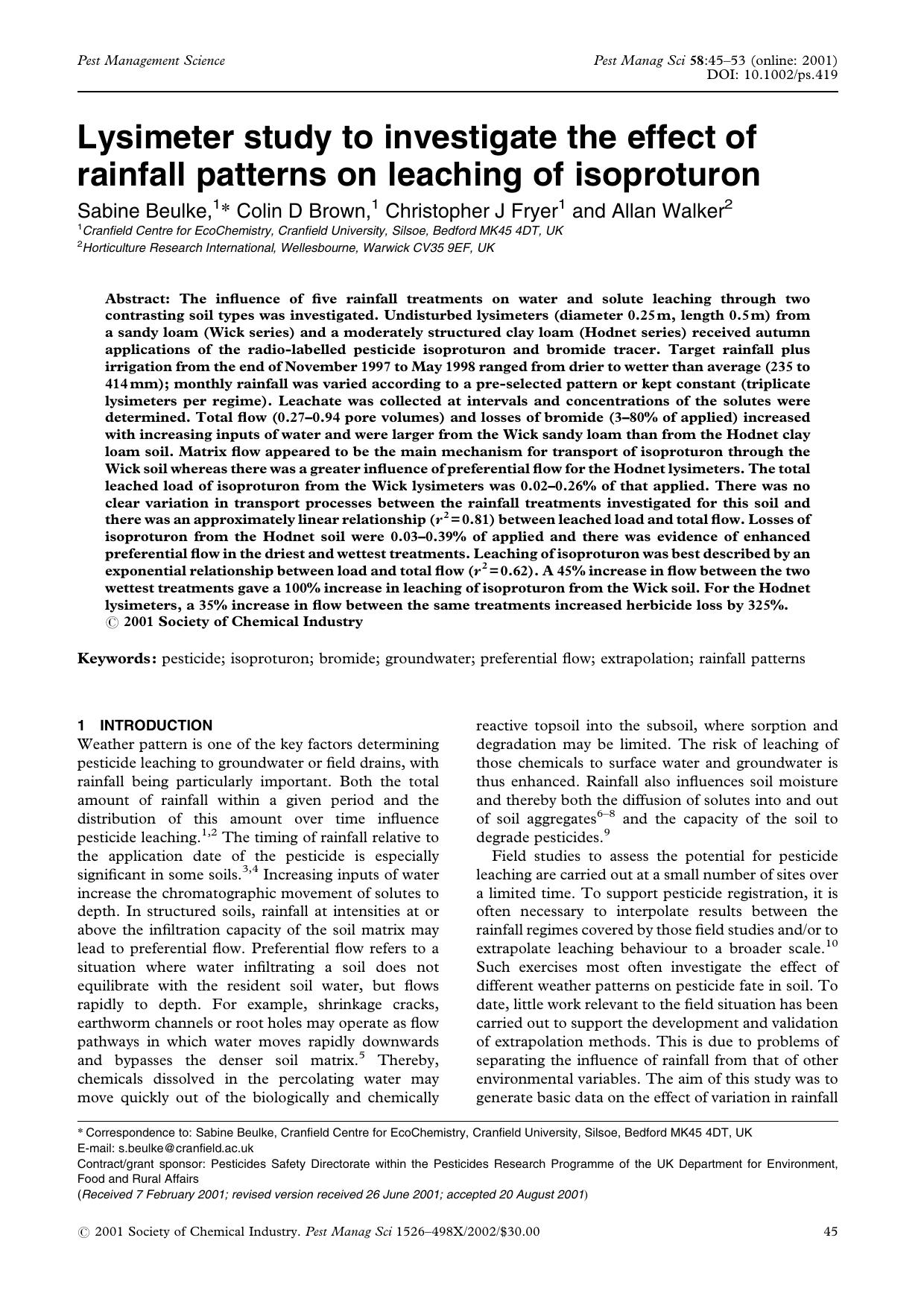 Lysimeter study to investigate the effect of rainfall patterns on leaching of isoproturon by Unknown