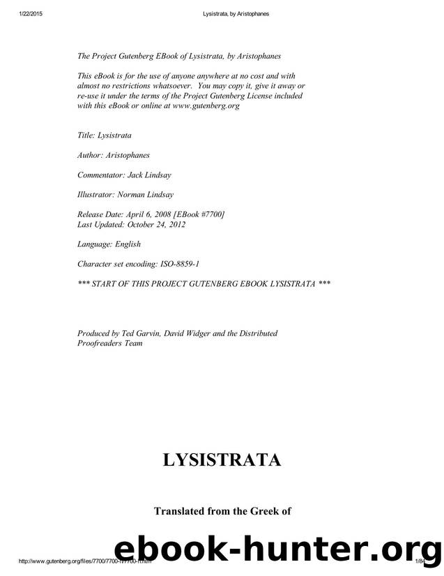 Lysistrata, by Aristophanes by Unknown