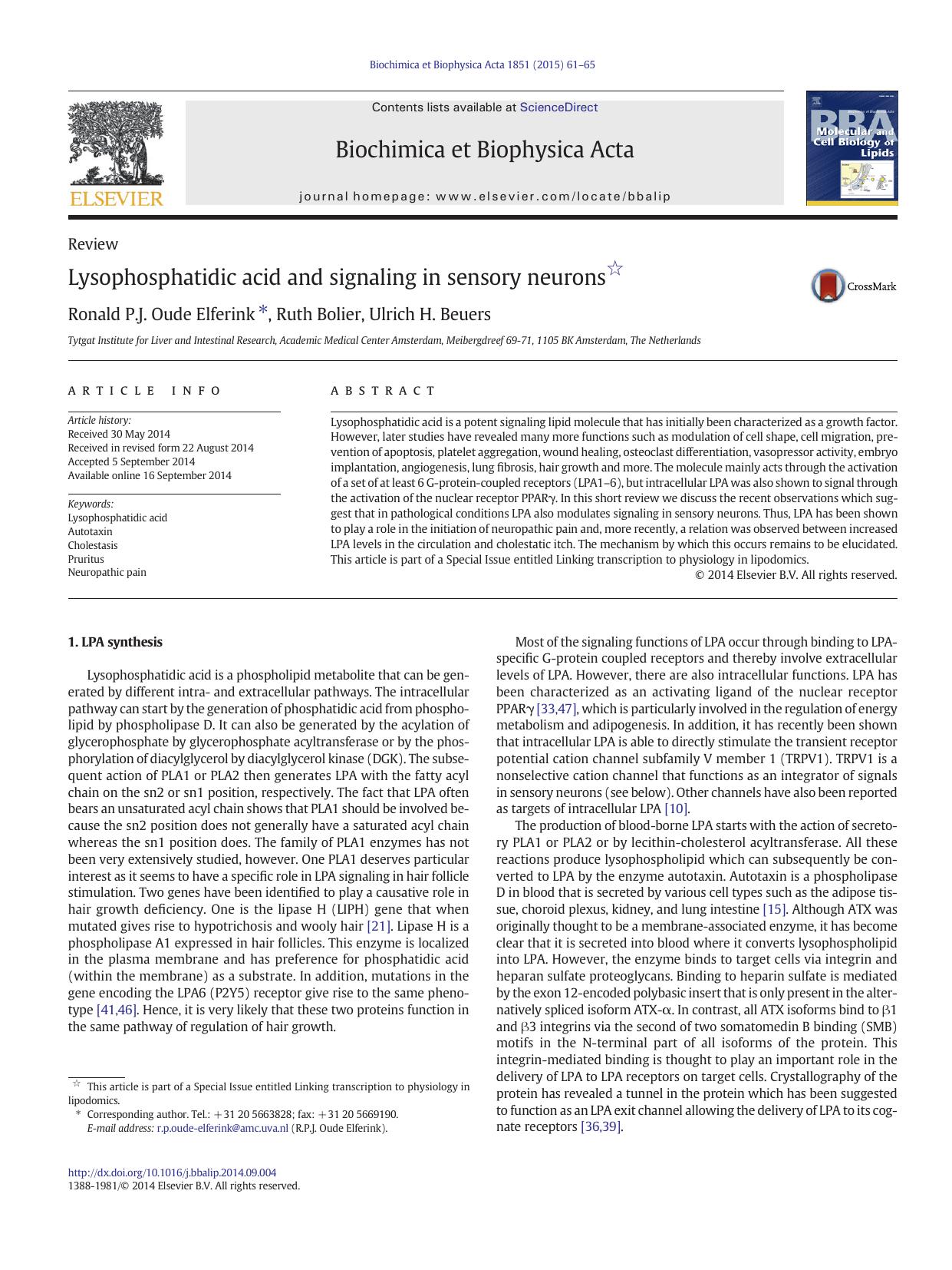Lysophosphatidic acid and signaling in sensory neurons by Ronald P.J. Oude Elferink & Ruth Bolier & Ulrich H. Beuers