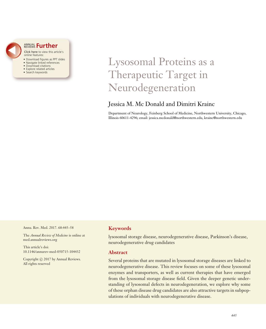 Lysosomal Proteins as a Therapeutic Target in Neurodegeneration by Jessica M. Mc Donald and Dimitri Krainc