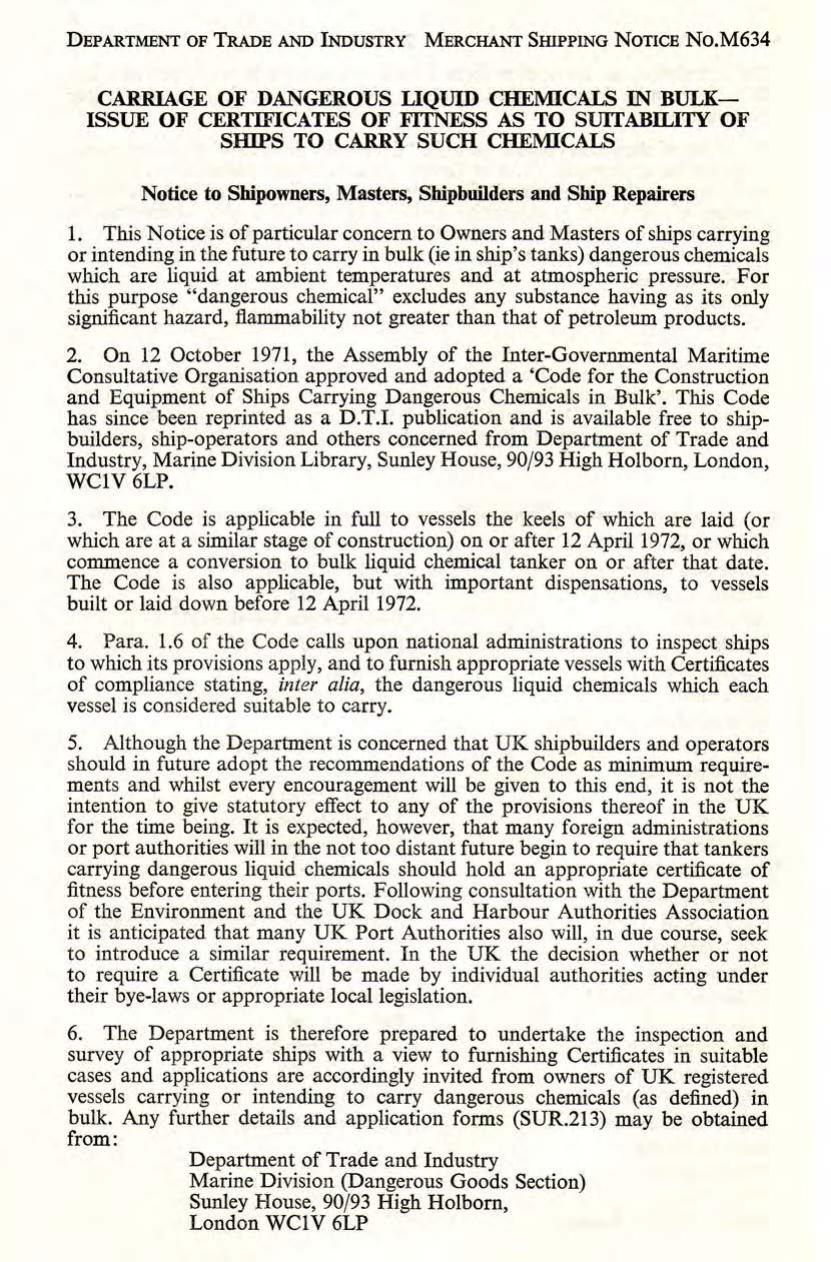 M 634 - Carriage of Dangerous Liquid Chemicals in Bulk-Issue of Certificates of Fitness as to Suitability of Ships to Carry Such Chemicals by r4s