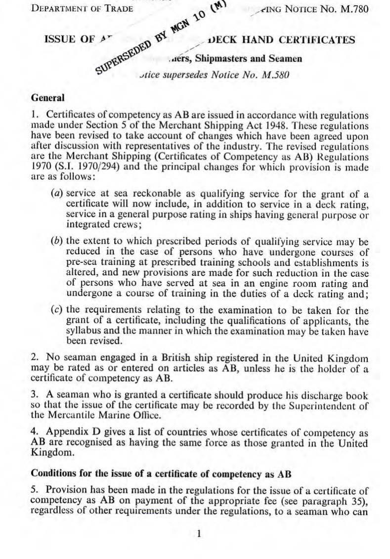 M 780 - Issue of AB and Efficient Deck Hand Certificates by r4s