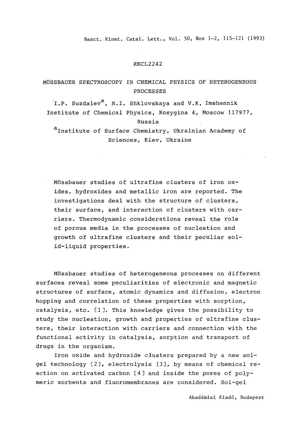 Mössbauer spectroscopy in chemical physics of heterogeneous processes by Unknown