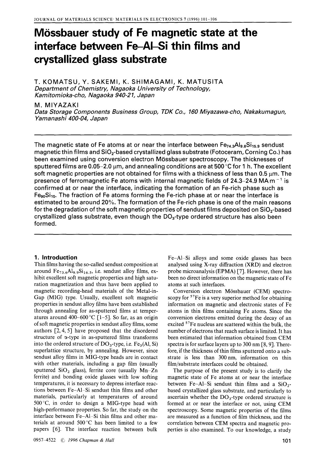 Mössbauer study of Fe magnetic state at the interface between Fe-Al-Si thin films and crystallized glass substrate by Unknown