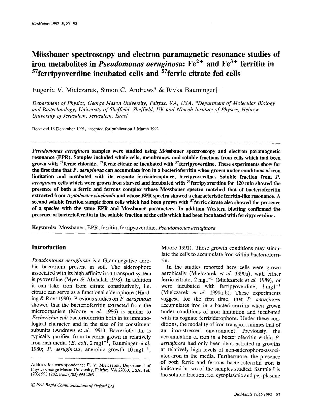 MÃ¶ssbauer spectroscopy and electron paramagnetic resonance studies of iron metabolites in <Emphasis Type="Italic">Pseudomonas aeruginosa <Emphasis>: Fe <Superscript>2+ <Superscrip by Unknown
