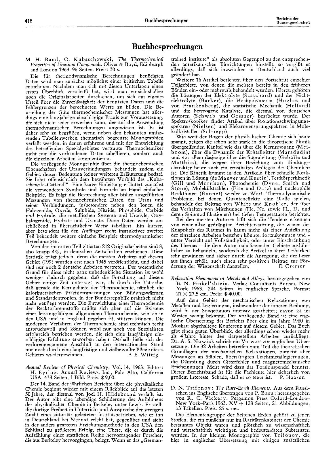 M. H. Rand, O. Kubaschewski, The Thermochemical Properties of Uranium Compounds. Oliver & Boyd, Edinburgh and London 1963. 96 Seiten. Preis: 30 s. by Unknown