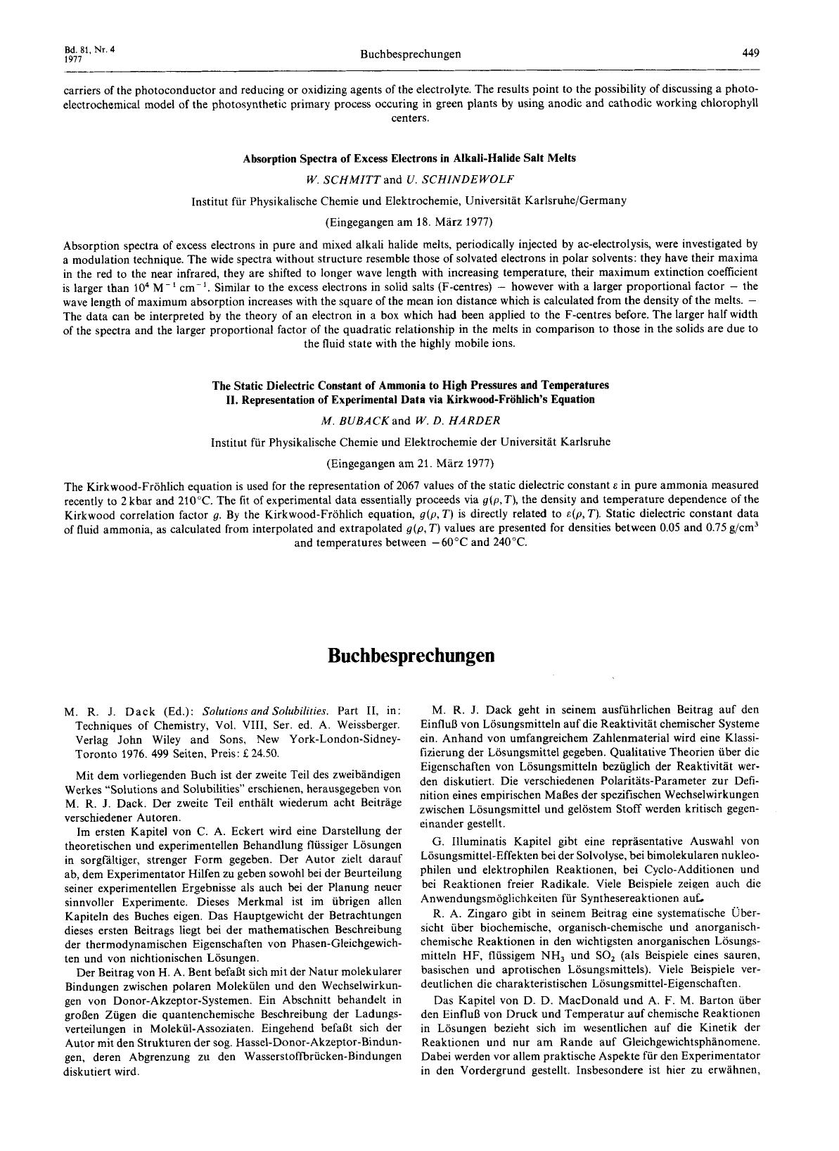 M. R. J. Dack (Ed.): Solutions and Solubilities. Part II, in: Techniques of Chemistry, Vol. VIII, Ser. ed. A. Weissberger. Verlag John Wiley and Sons, New York-London-Sidney-Toront by Unknown