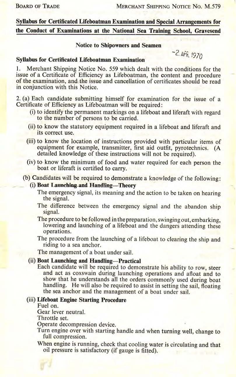 M.579 - Syllabus for Certificated Lifeboatman Examination and Special Arrangements for the Conduct of Examinations at the National Sea Training School, Gravesend by R4S