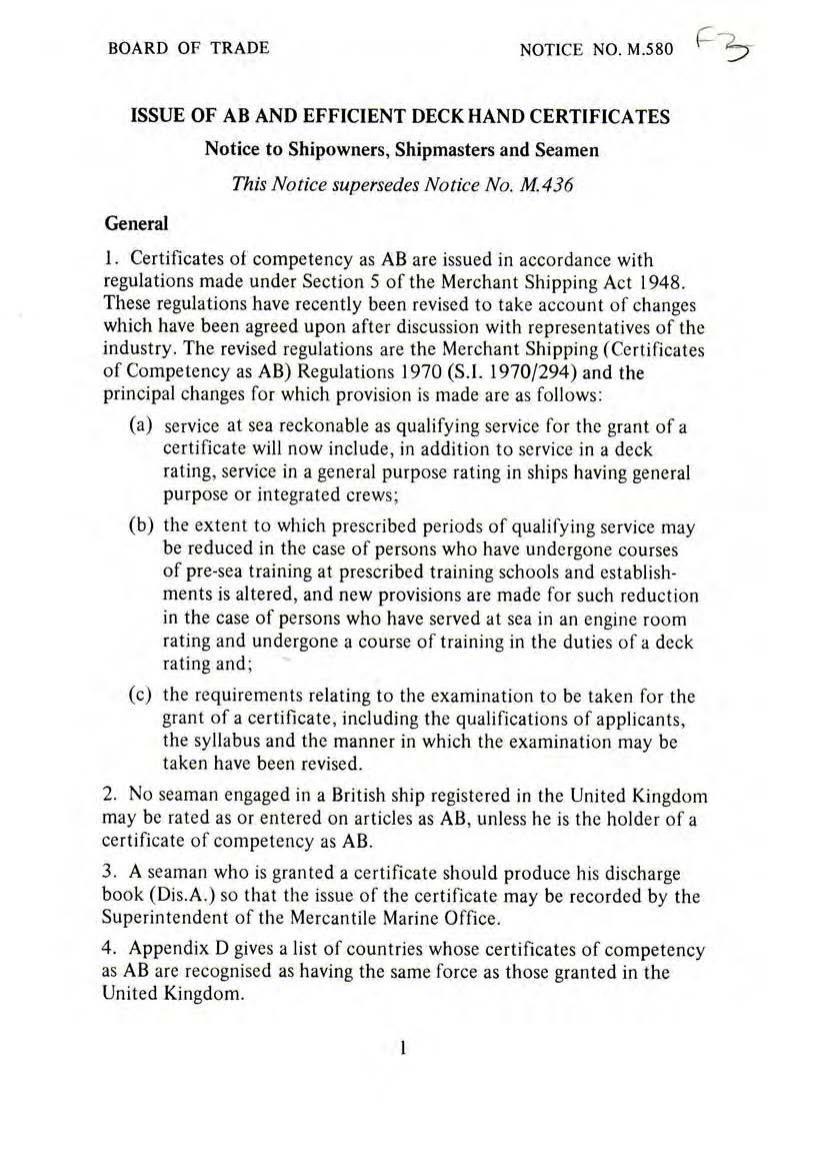 M.580 - Issue of AB and Efficient Deck Hand Certificates by R4S