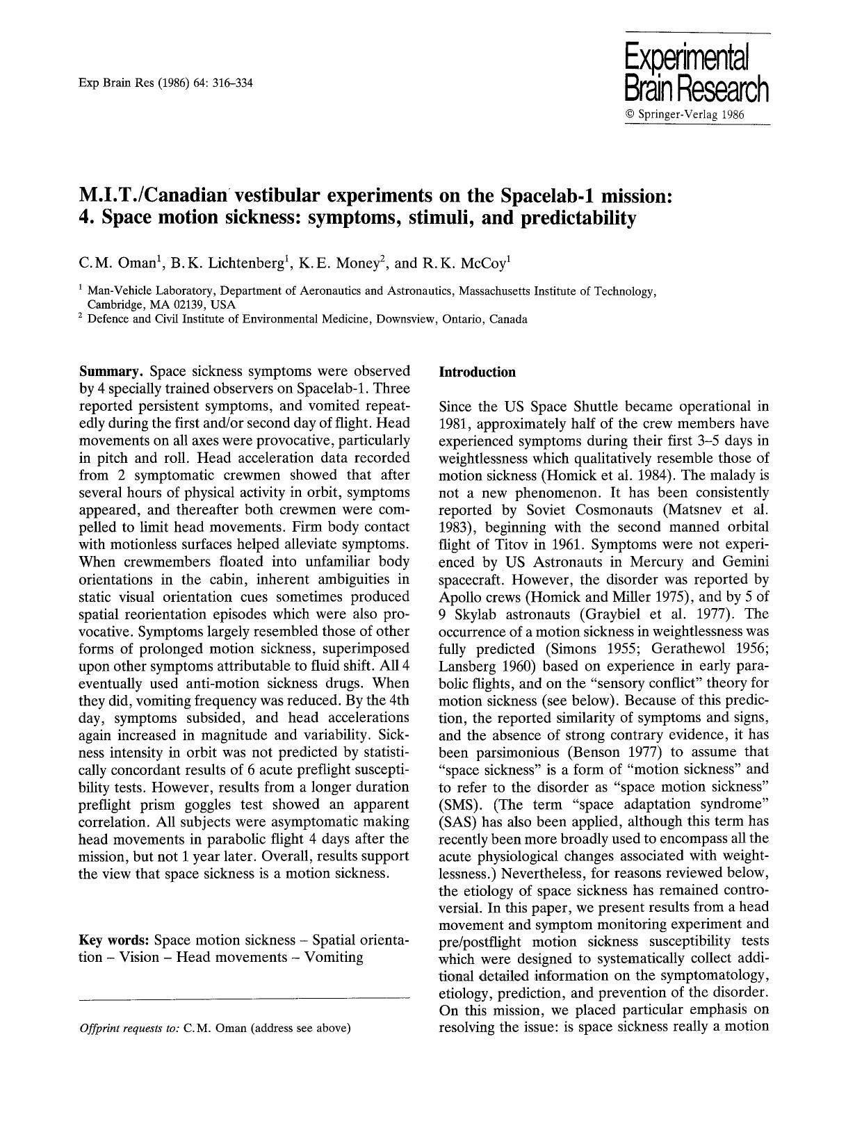 M.I.T.Canadian vestibular experiments on the Spacelab-1 mission: 4. Space motion sickness: symptoms, stimuli, and predictability by Unknown