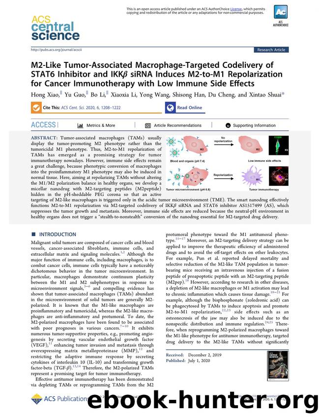 M2-Like Tumor-Associated Macrophage-Targeted Codelivery of STAT6 Inhibitor and IKKÎ² siRNA Induces M2-to-M1 Repolarization for Cancer Immunotherapy with Low Immune Side Effects by unknow