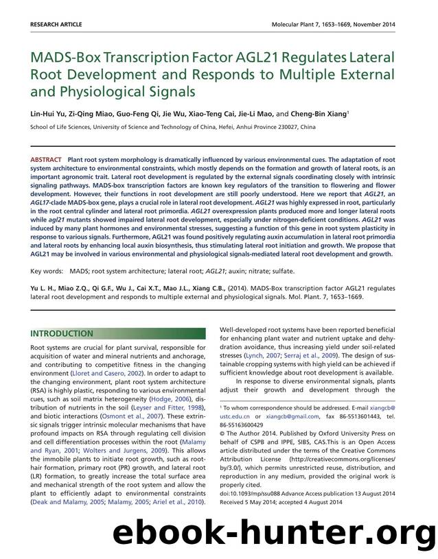 MADS-Box Transcription Factor AGL21 Regulates Lateral Root Development and Responds to Multiple External and Physiological Signals by Lin-Hui Yu & Zi-Qing Miao & Guo-Feng Qi & Jie Wu & Xiao-Teng Cai & Jie-Li Mao & Cheng-Bin Xiang