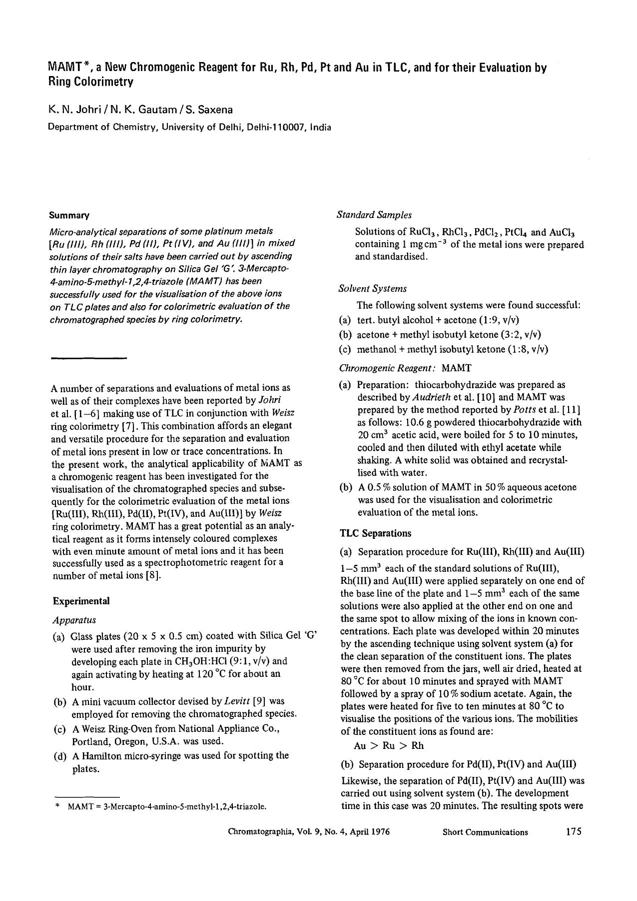 MAMT, a new chromogenic reagent for Ru, Rh, Pd, Pt and Au in TLC, and for their evaluation by ring colorimetry by Unknown