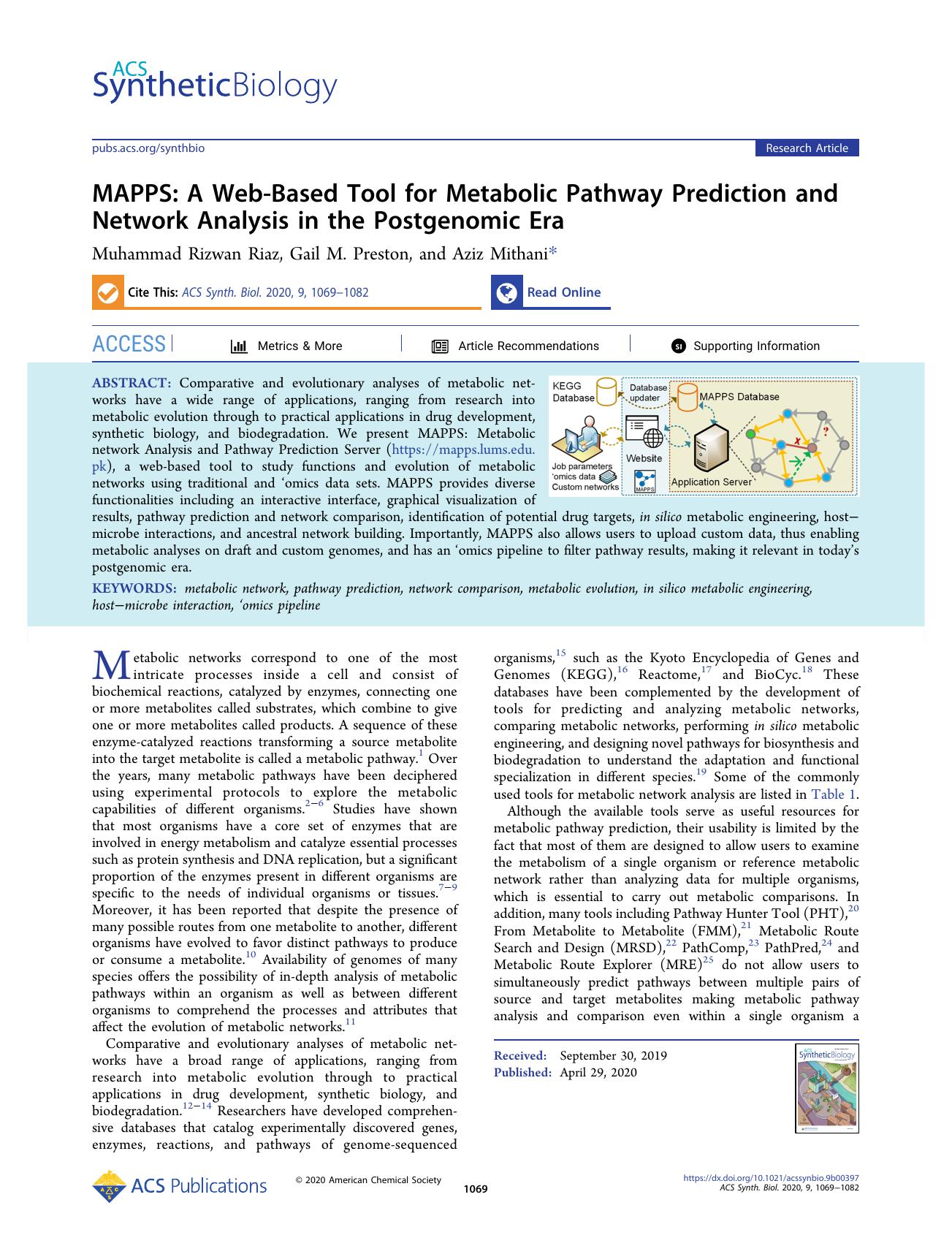 MAPPS: A Web-Based Tool for Metabolic Pathway Prediction and Network Analysis in the Postgenomic Era by Muhammad Rizwan Riaz Gail M. Preston and Aziz Mithani