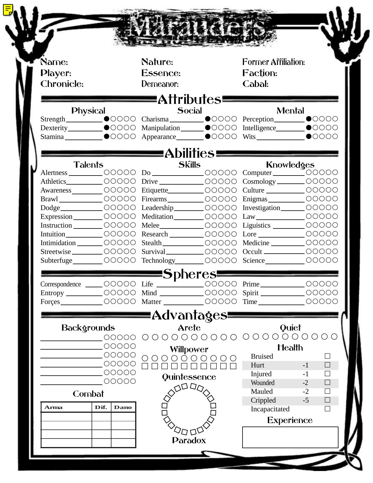 MARAUDER CHARACTER SHEET by frenesi_hp@hotmail.com (PDF)