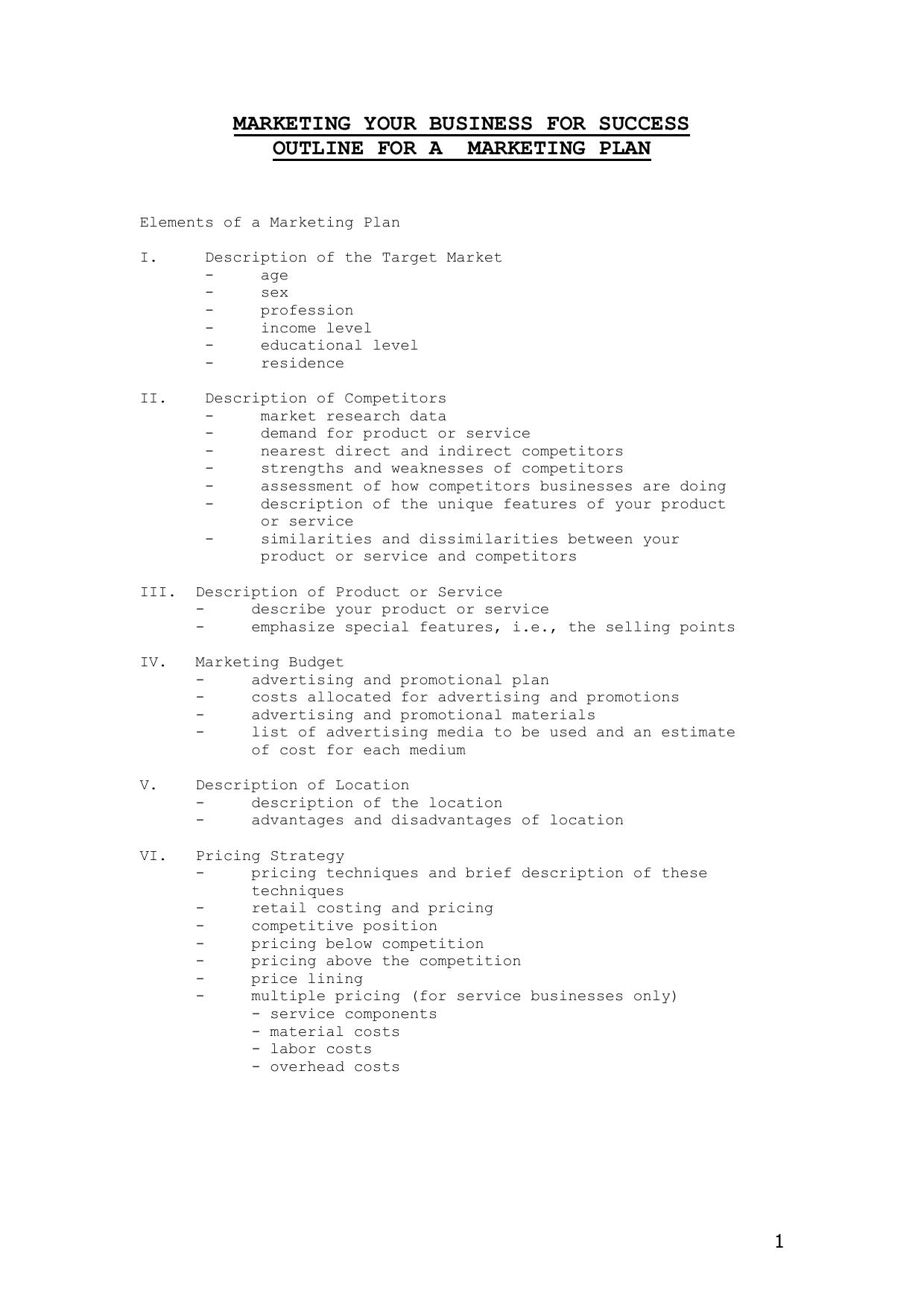 MARKETING YOUR BUSINESS FOR SUCCESS - OUTLINE FOR A MARKETING PLAN by WWAV Rapp Collins Group