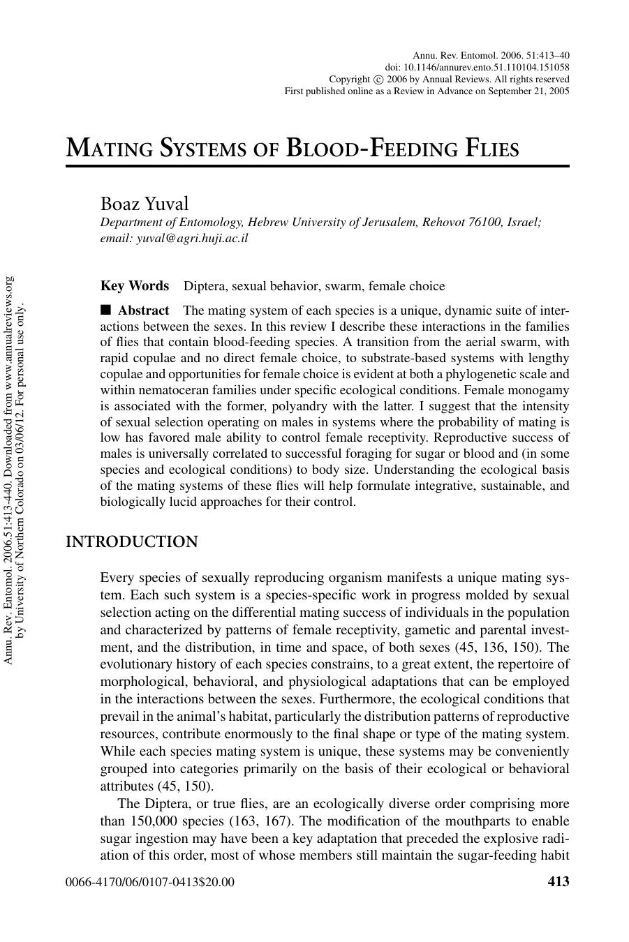 MATING SYSTEMS OF BLOOD-FEEDING FLIES by Boaz Yuval