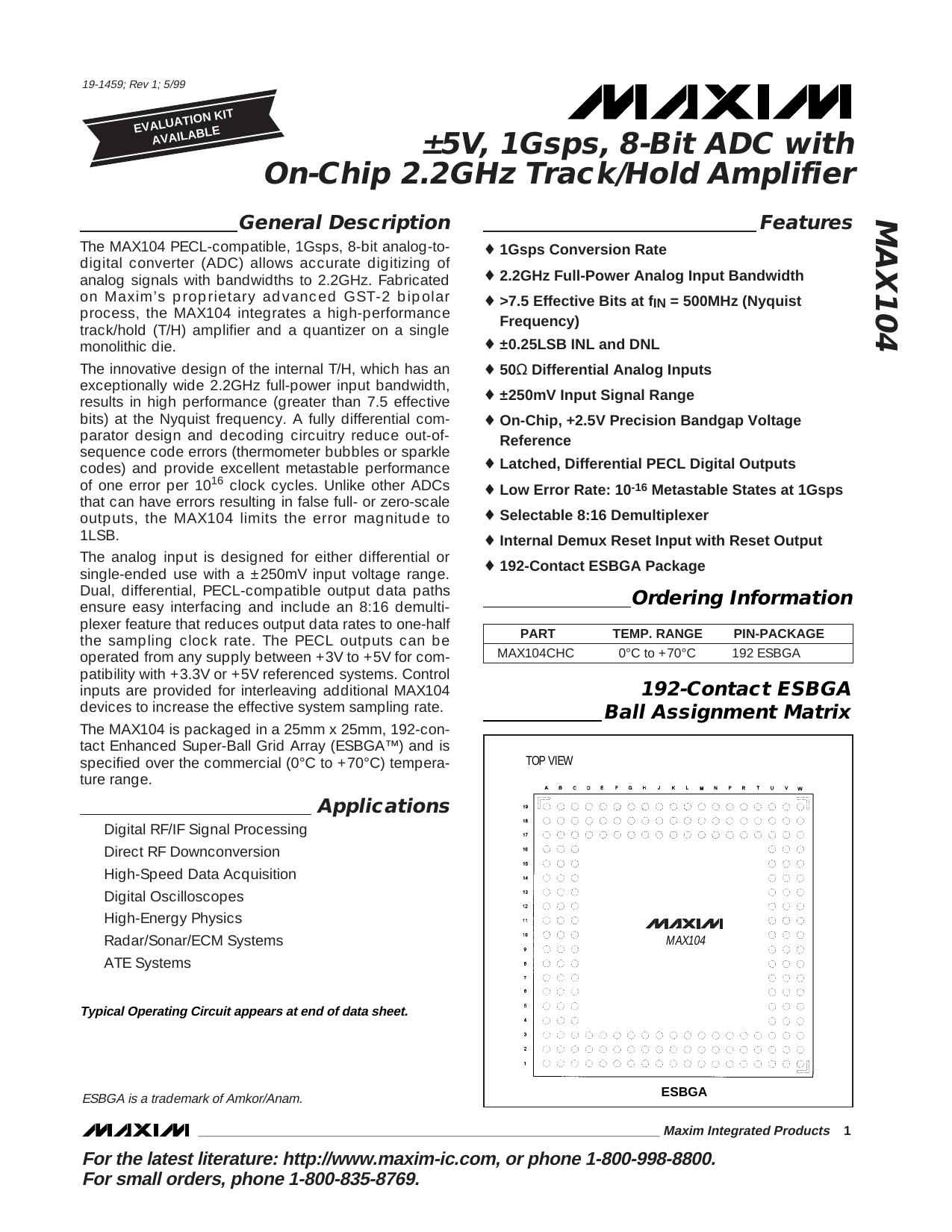 MAX104 Full Data Sheet (PDF) by Maxim