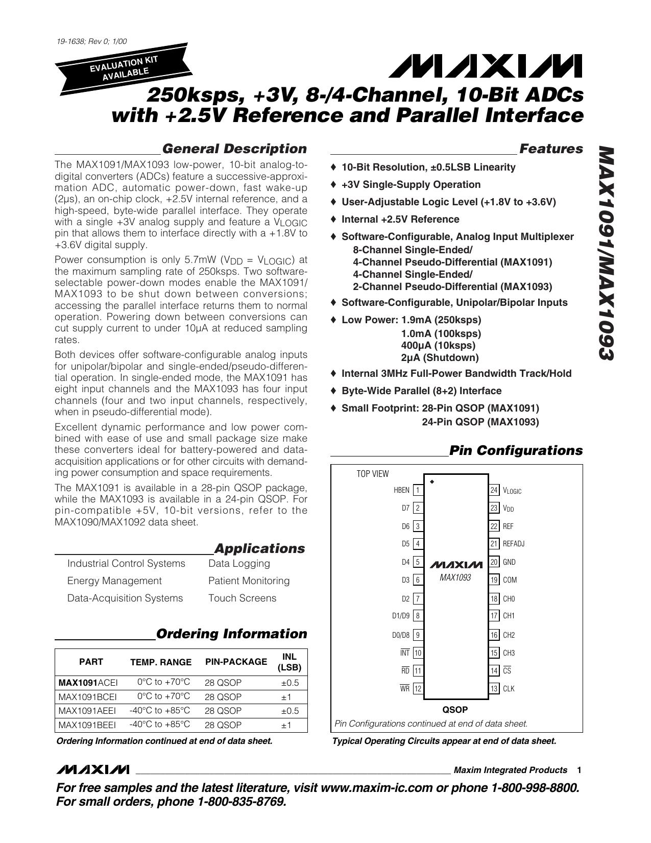 MAX1091MAX1093 Full Data Sheet (PDF) by Maxim