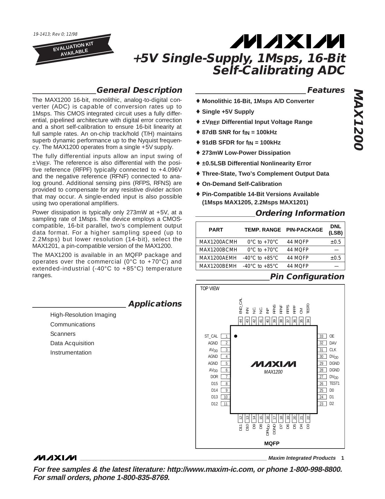 MAX1200 Full Data Sheet (PDF) by Maxim