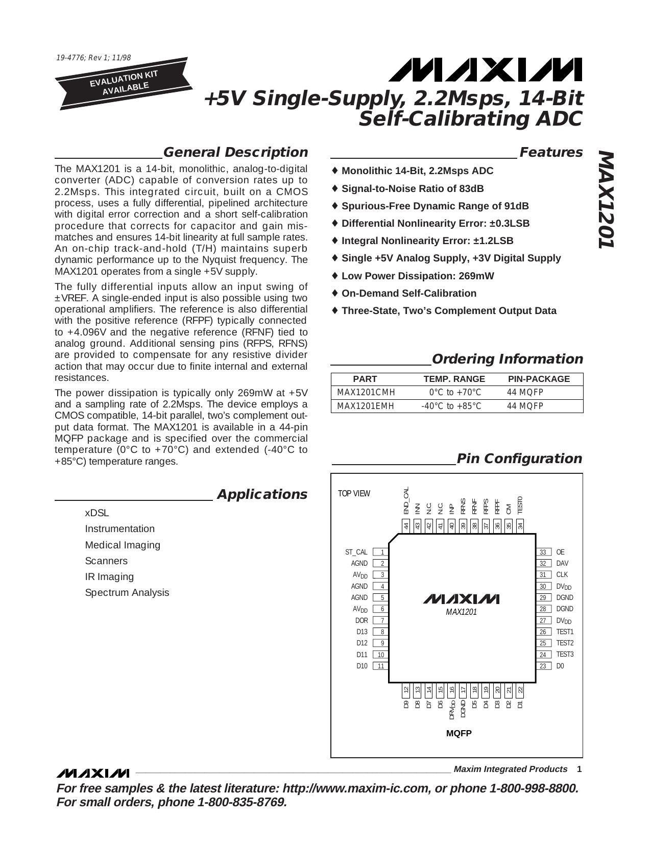 MAX1201 Full Data Sheet (PDF) by Maxim