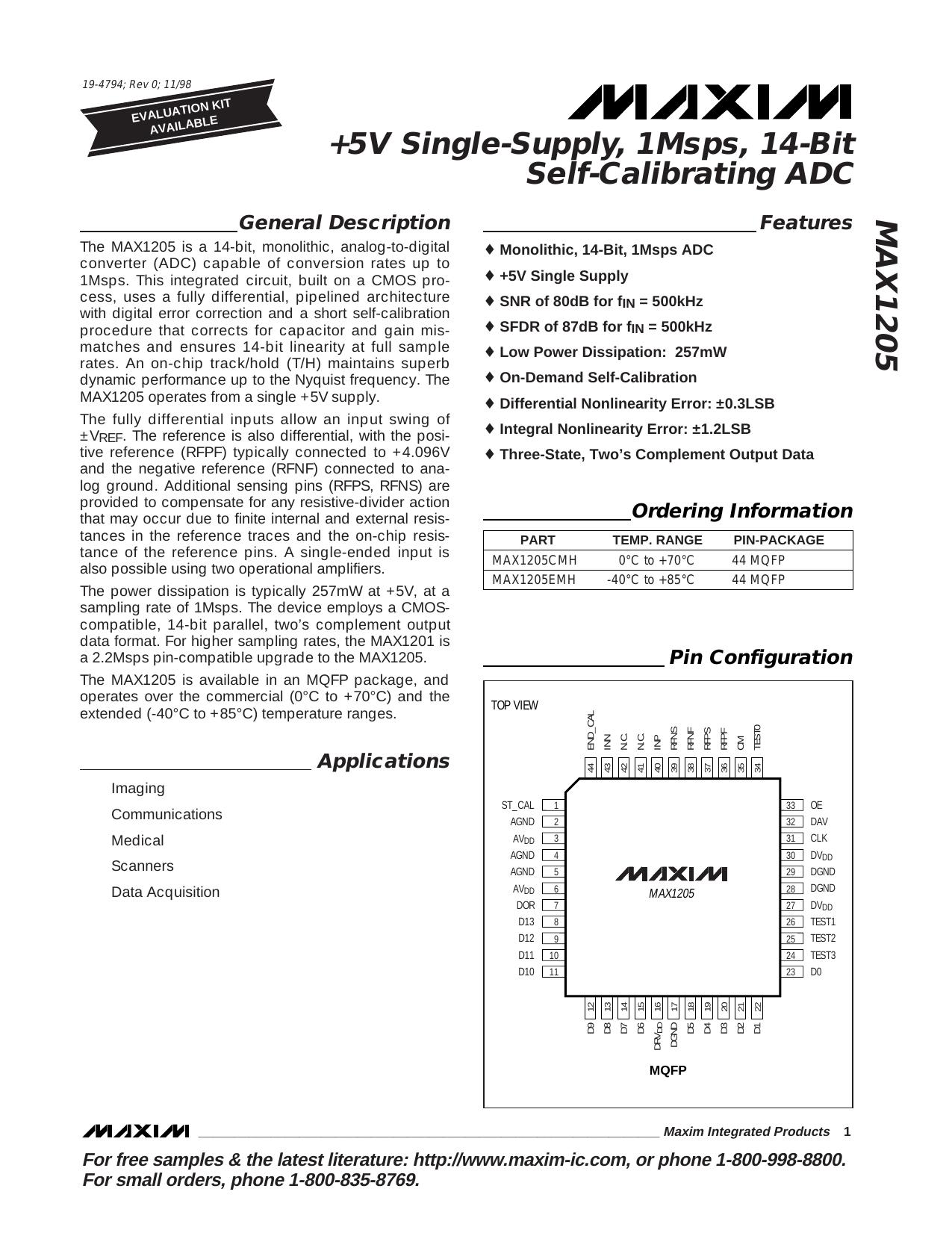 MAX1205 Full Data Sheet (PDF) by Maxim