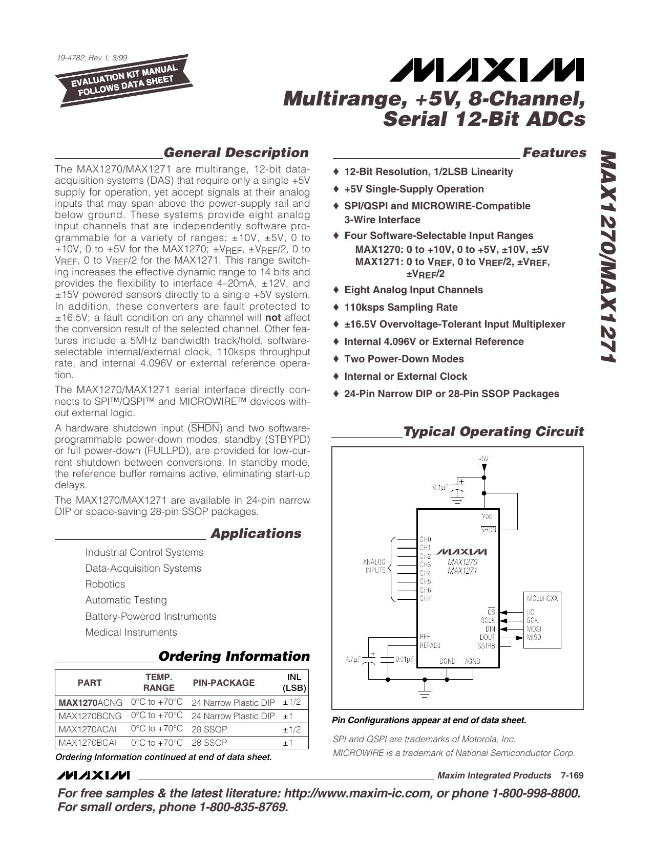 MAX1270MAX1271 Full Data Sheet (PDF) by Maxim