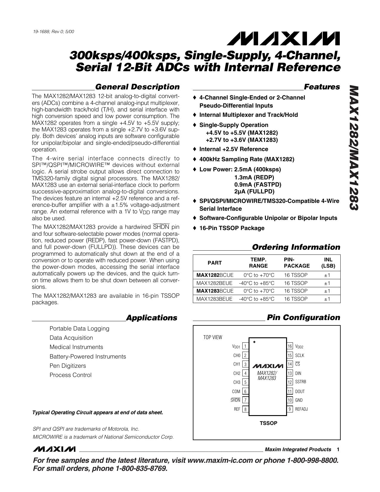 MAX1282MAX1283 Full Data Sheet (PDF) by Maxim