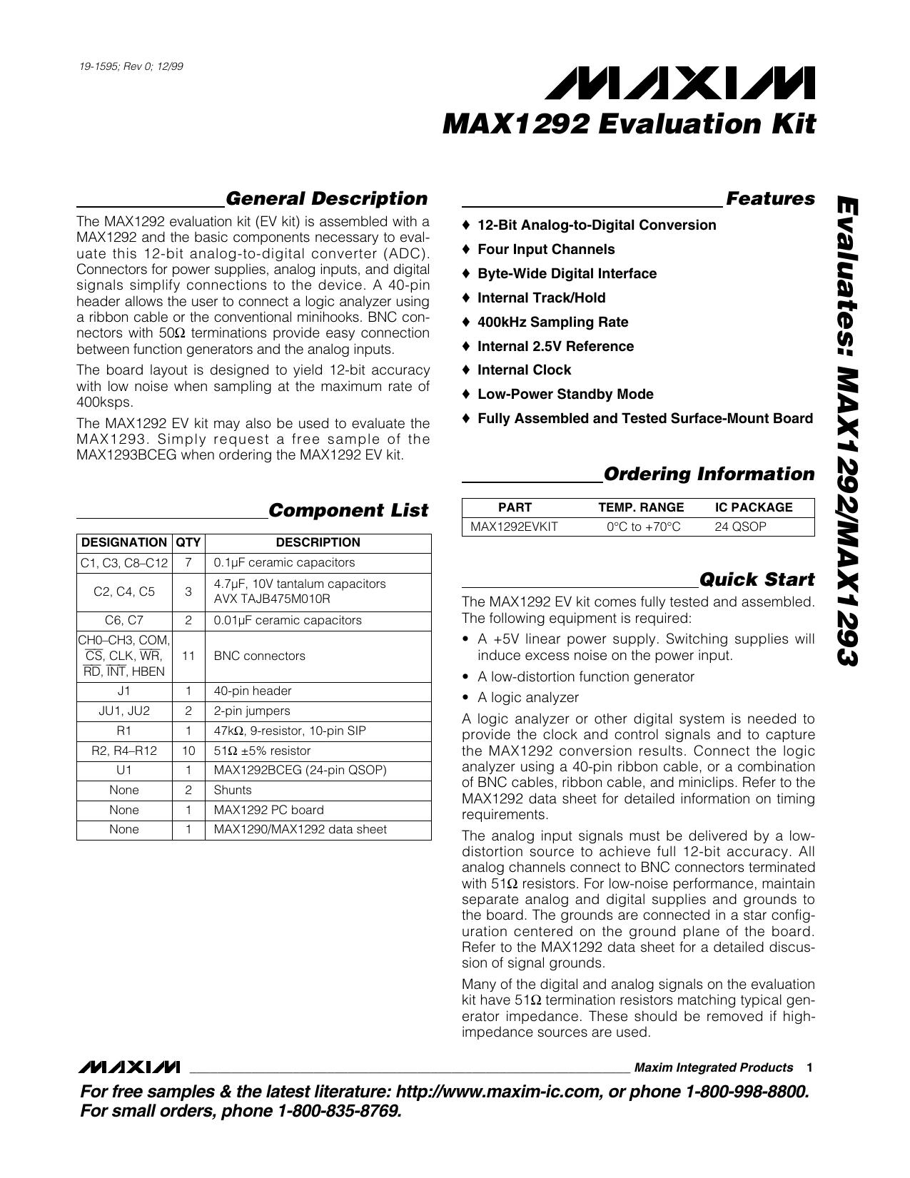 MAX1292MAX1293 EV Kit Full Data Sheet (PDF) by Fe Campillo