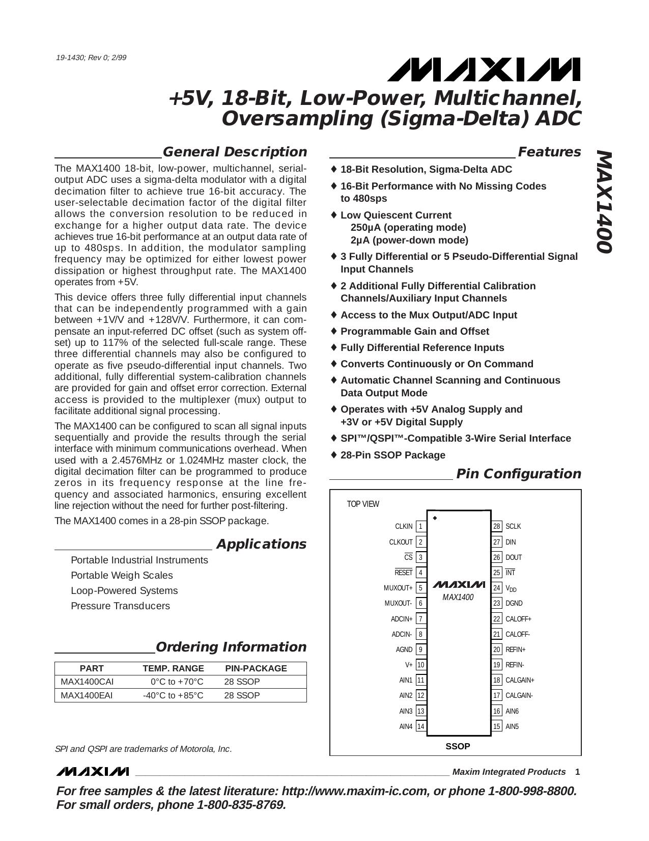 MAX1400 Full Data Sheet (PDF) by Maxim