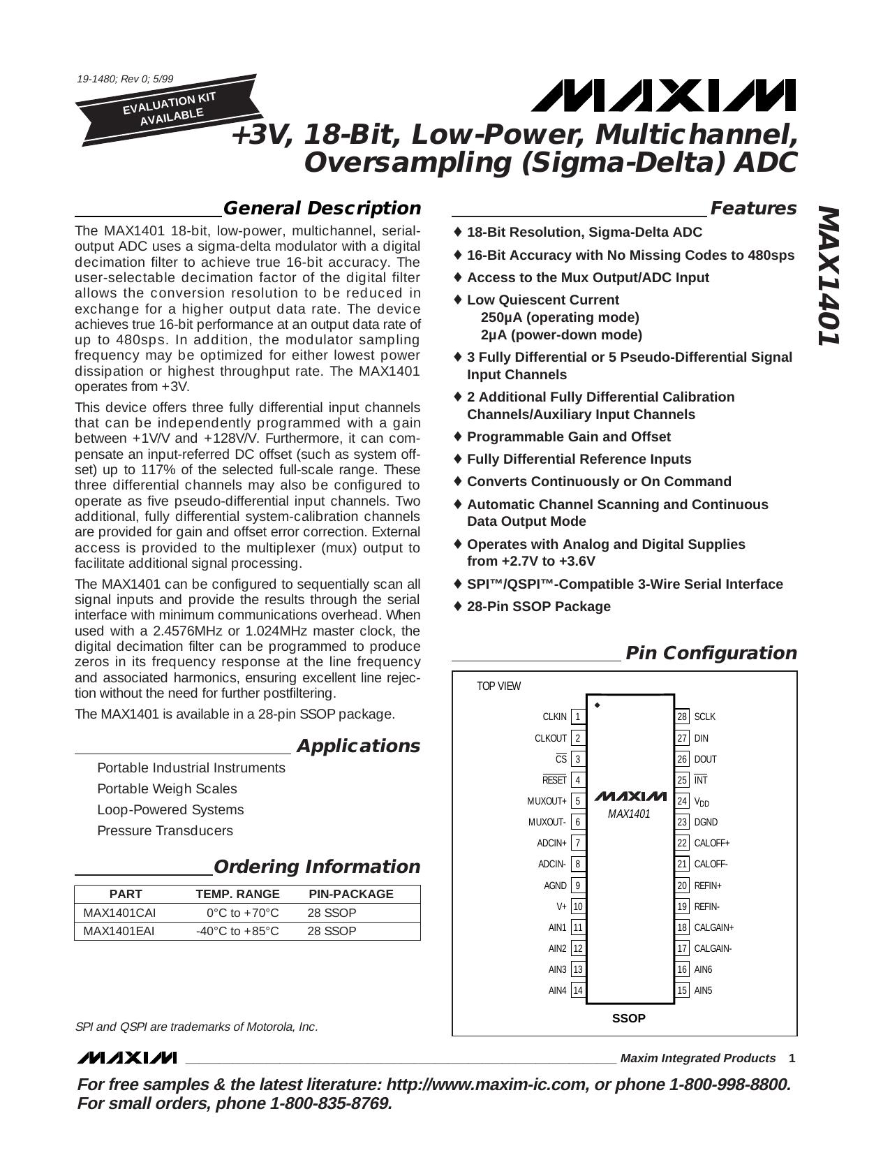 MAX1401 Full Data Sheet (PDF) by Maxim