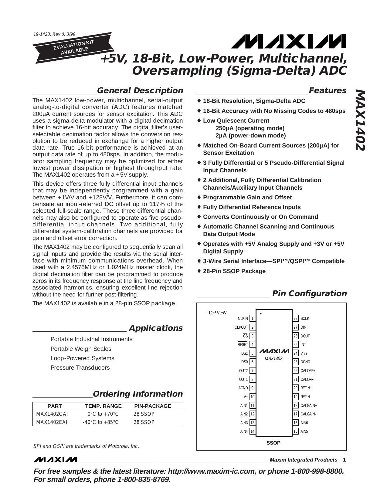 MAX1402 Full Data Sheet (PDF) by Maxim