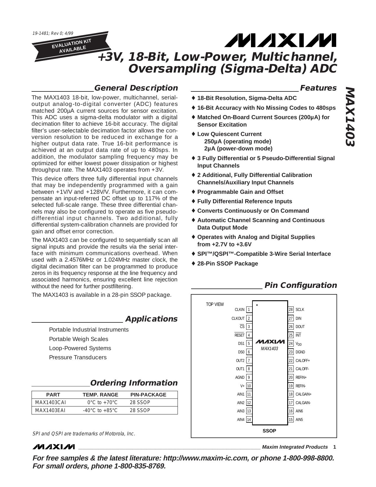 MAX1403 Full Data Sheet (PDF) by Maxim