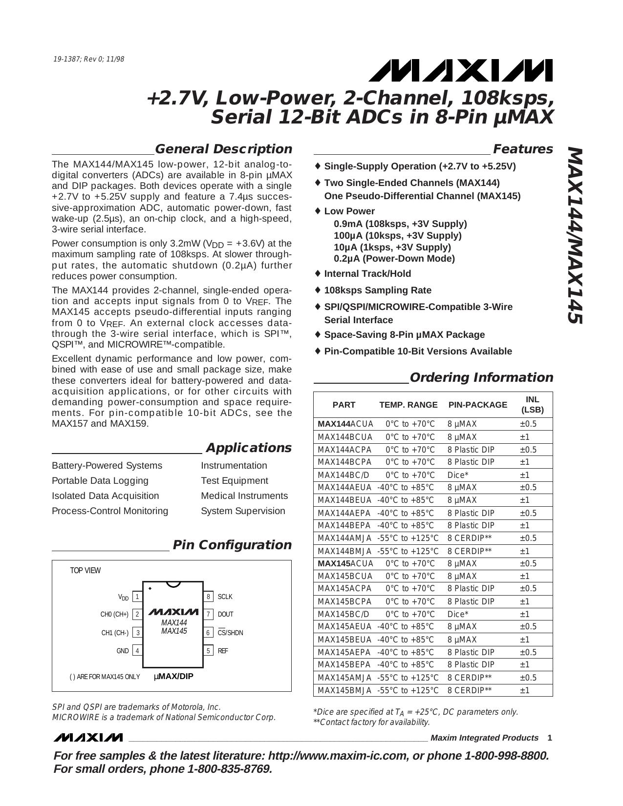 MAX144MAX145 Full Data Sheet (PDF) by Maxim