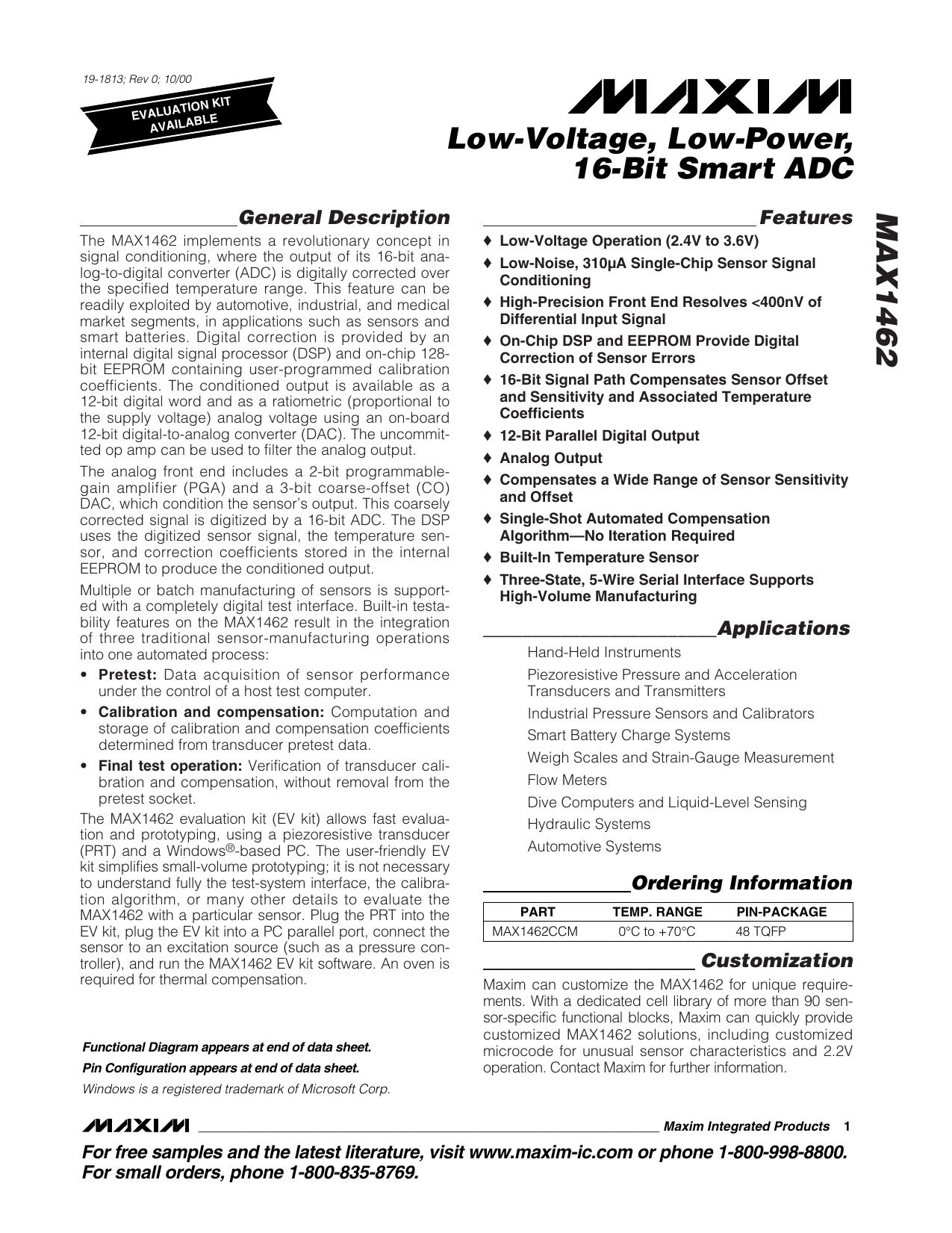 MAX1462 Full Data Sheet (PDF) by Maxim
