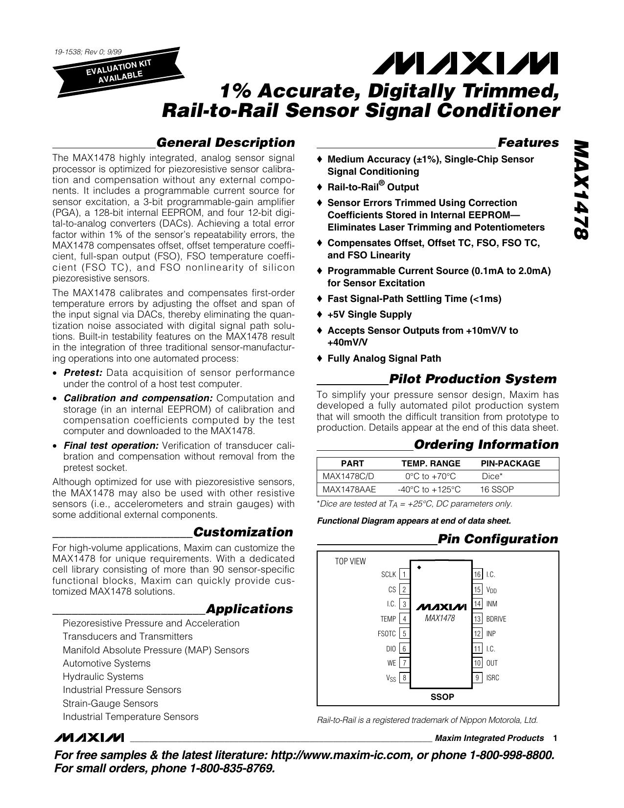 MAX1478 Full Data Sheet (PDF) by Maxim