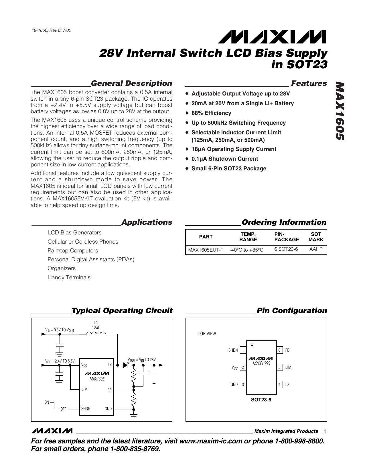 MAX1605 Full Data Sheet (PDF) by Maxim