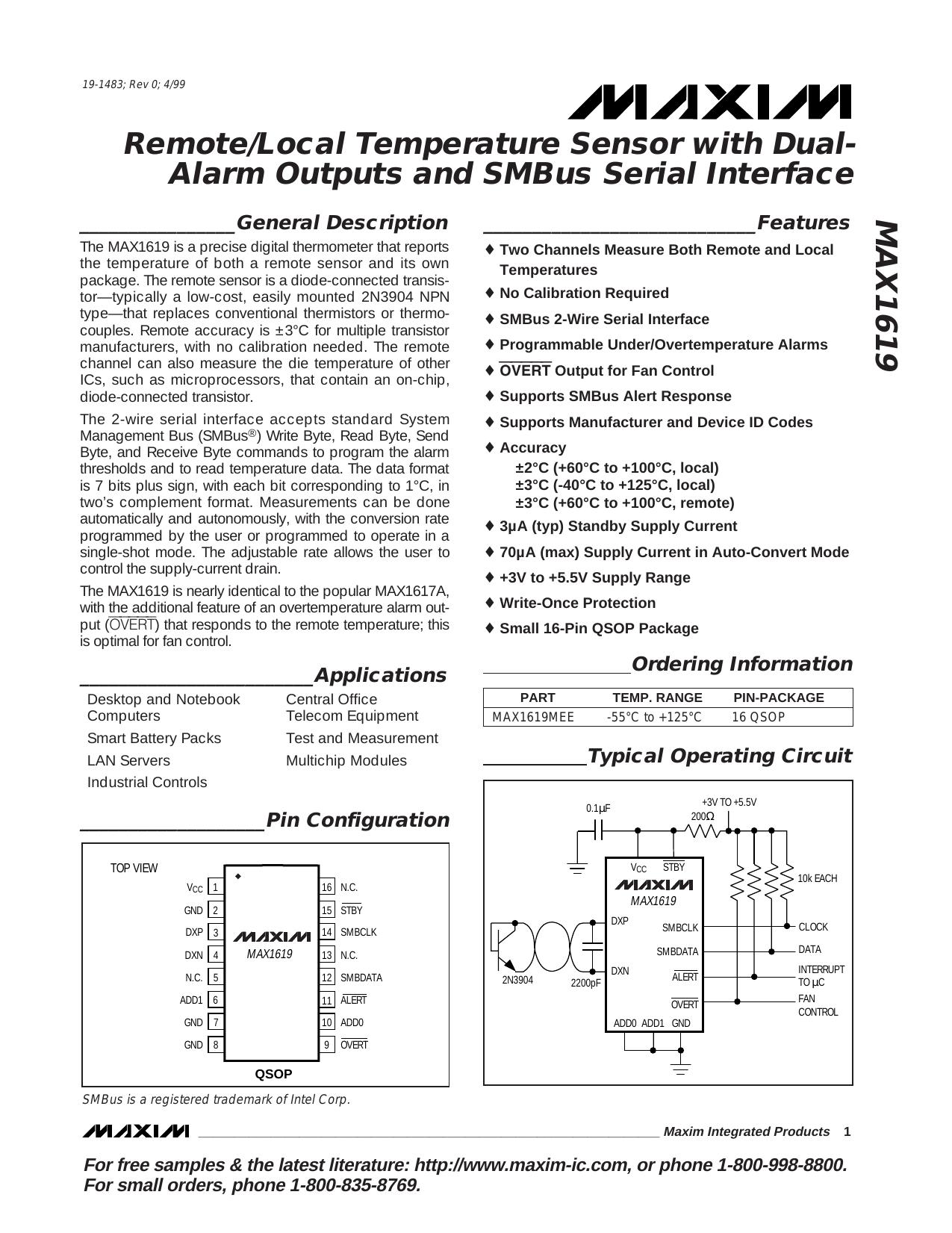 MAX1619 Full Data Sheet (PDF) by Maxim