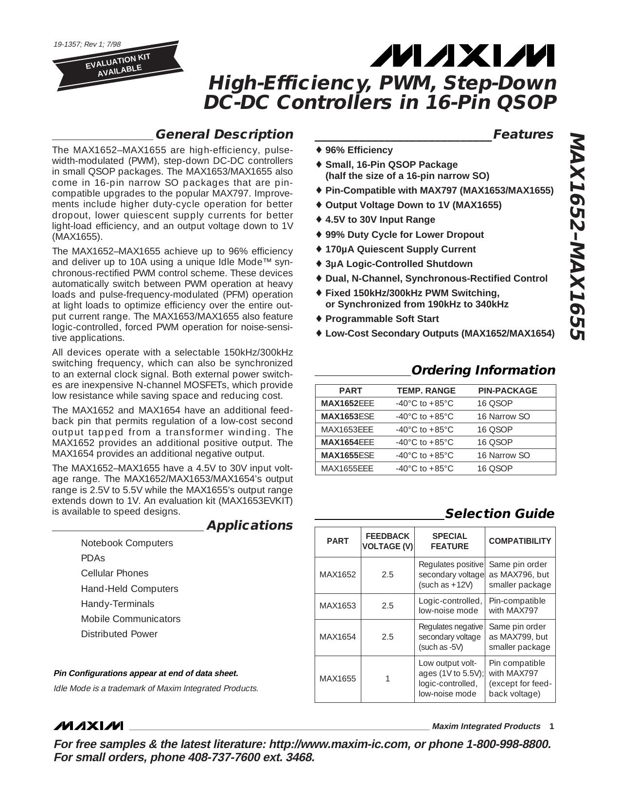 MAX1652MAX1653MAX1654MAX1655 Full Data Sheet (PDF) by Maxim