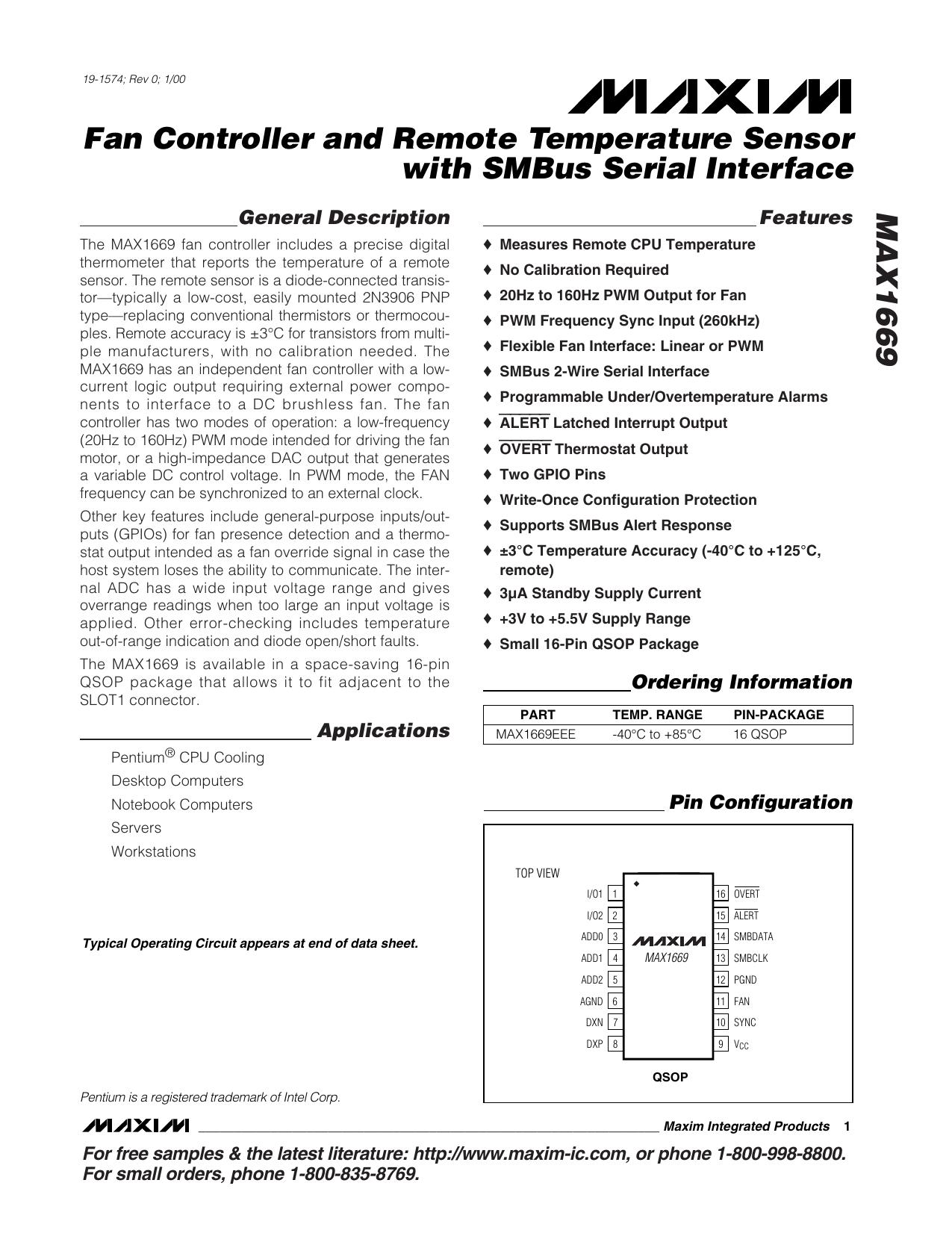 MAX1669 Full Data Sheet (PDF) by Maxim