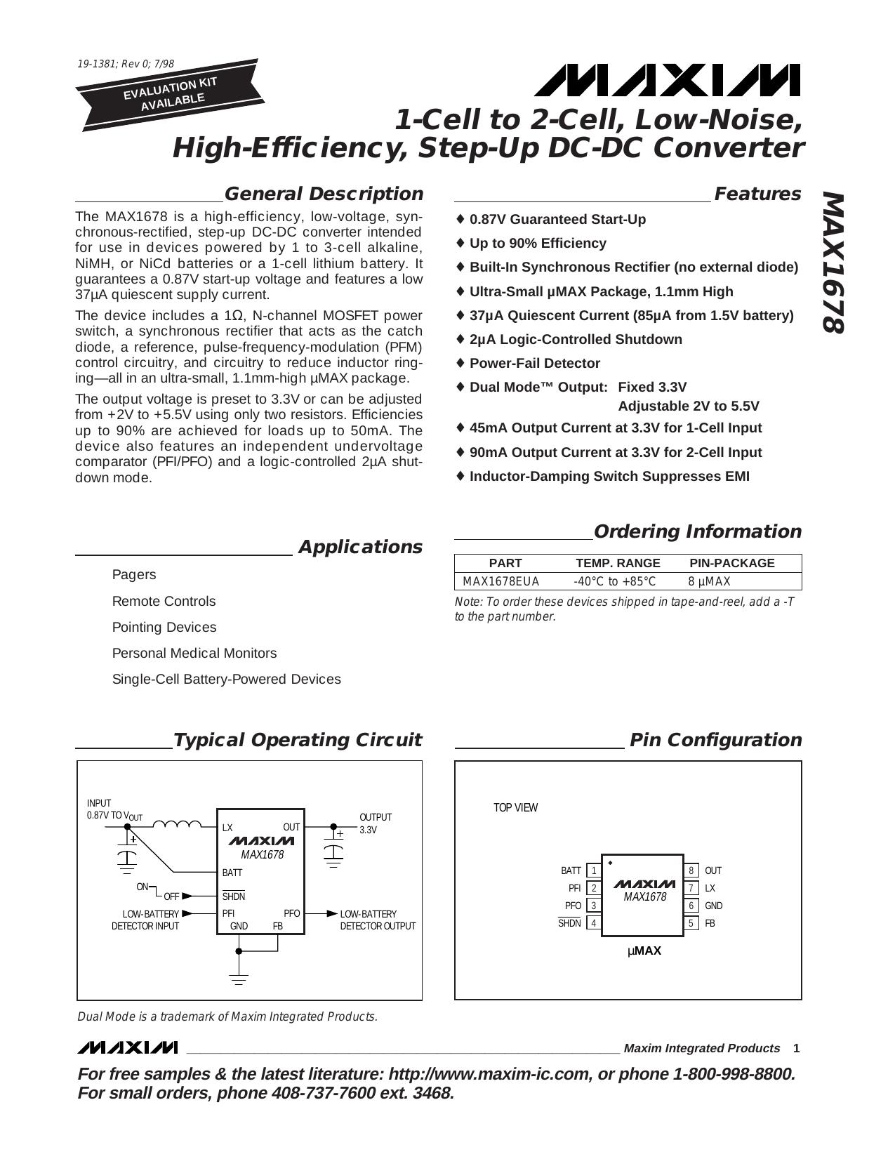 MAX1678 Full Data Sheet (PDF) by Maxim