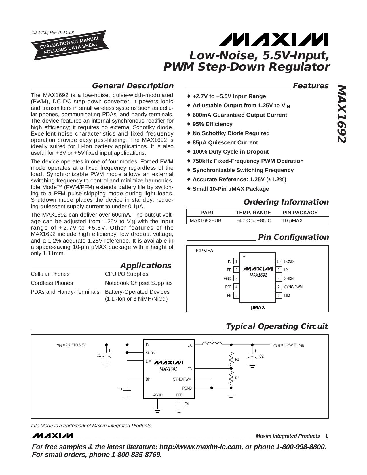 MAX1692 Full Data Sheet (PDF) by Maxim
