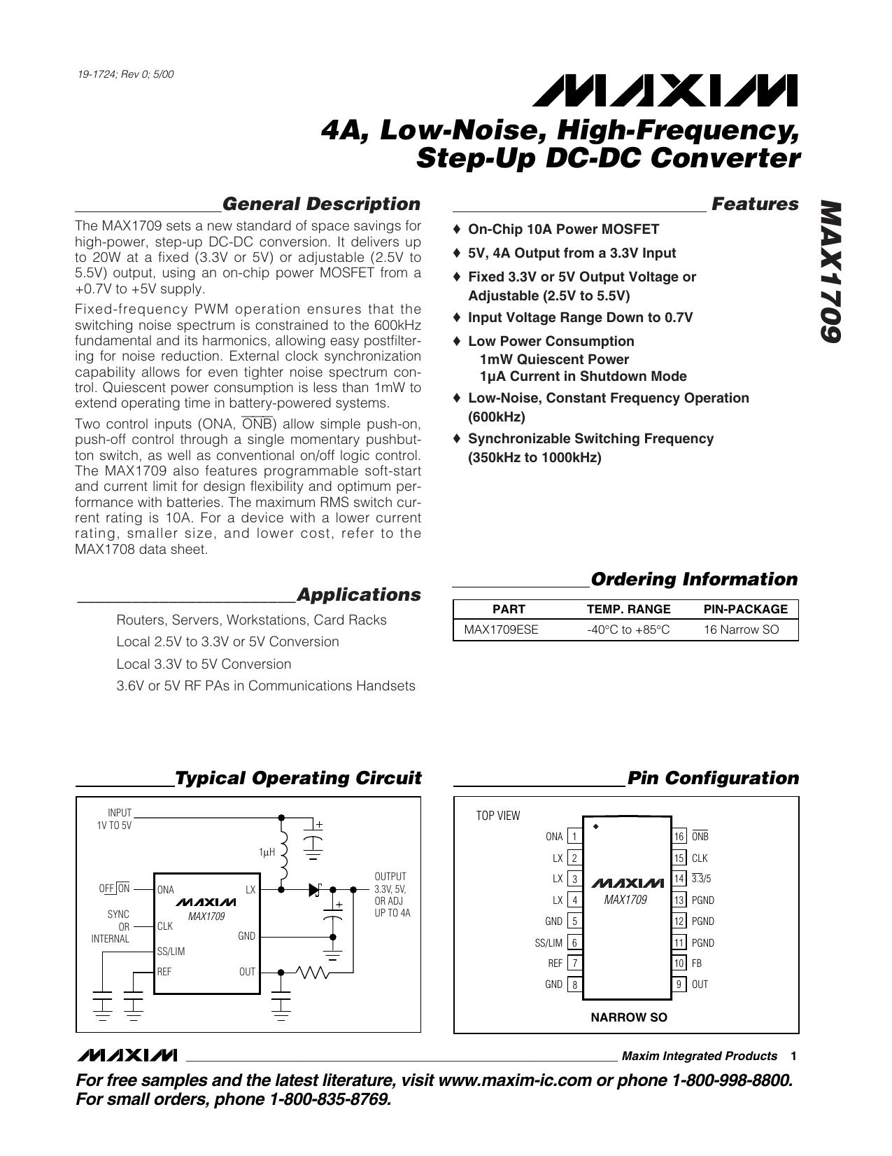 MAX1709 Full Data Sheet (PDF) by Maxim