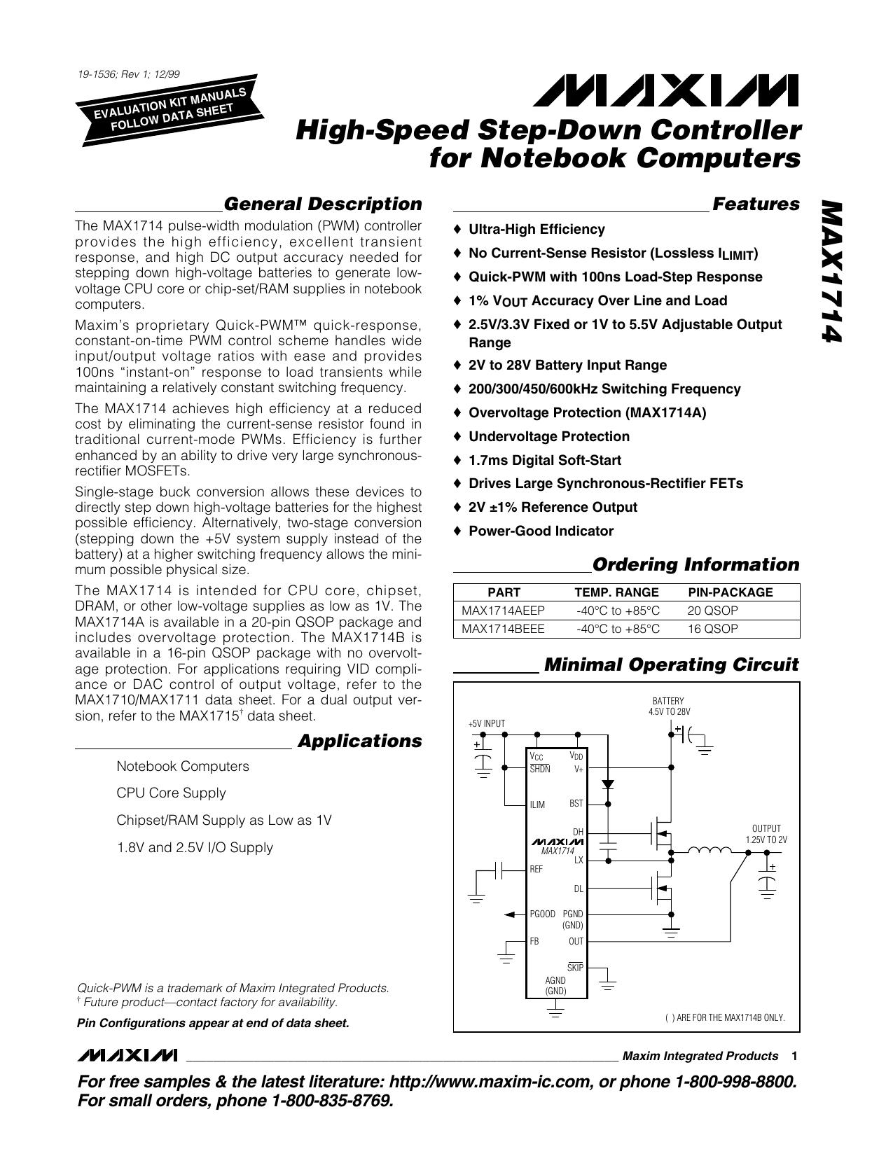 MAX1714 Full Data Sheet (PDF) by Maxim