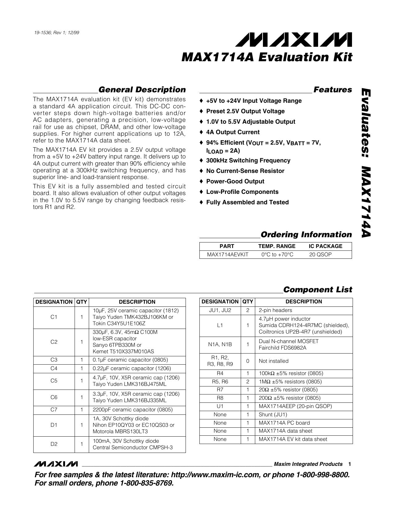 MAX1714A EV Kit Full Data Sheet (PDF) by Maxim