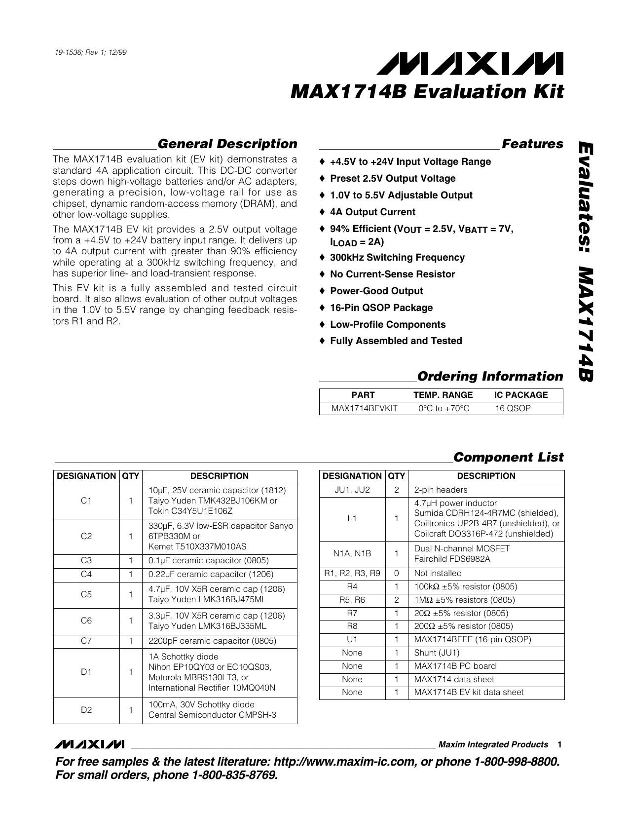 MAX1714B EV kit Full Data Sheet (PDF) by Maxim