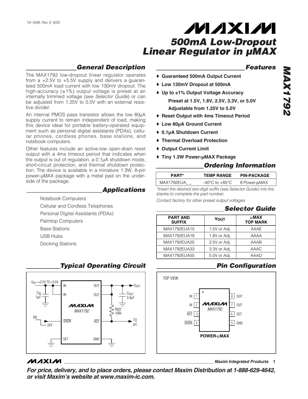 MAX1792 Full Data Sheet (PDF) by Maxim